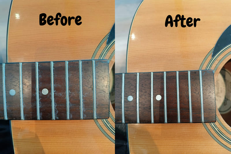 Voor en na onderhoud van een akoestische gitaarfretboard