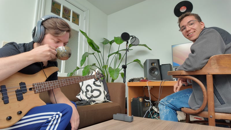 Bass guitar during studio recording